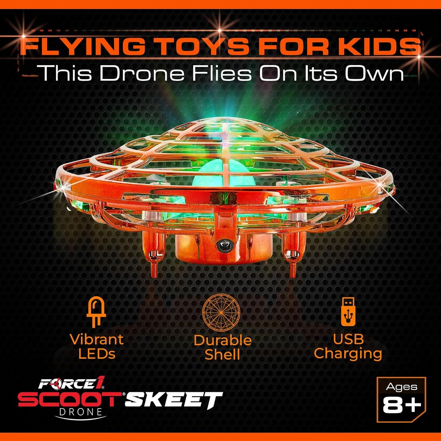 Force1 Scoot Skeet Mini Drone Electronic Shooting Game for Kids (Drone Only)- Hand Drones for Kids Compatible with Scoot Skeet LED Blaster, Electronic Target Game Indoor Flying Ball Drone Toy (Orange)
