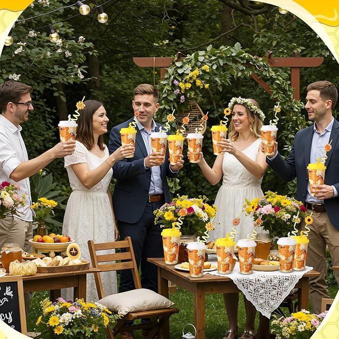 Yungyan 36 Sets Honey Bee Party Favors Goodie Cups with Lids and Straws for Birthday Decorations Reusable 16oz Plastic Candy Cups Plastic Straws for Birthday Party(Bee)