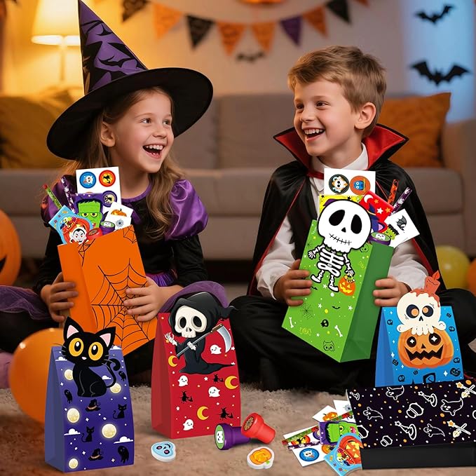 Halloween Party Favors for Kids,192pcs Halloween Stationery gift kit,Halloween Miniatures Prizes,Trick or Treat Goodie Bag Fillers including Notepad, Stamper, Sticker, Pencil, Eraser, Tattoo sticker