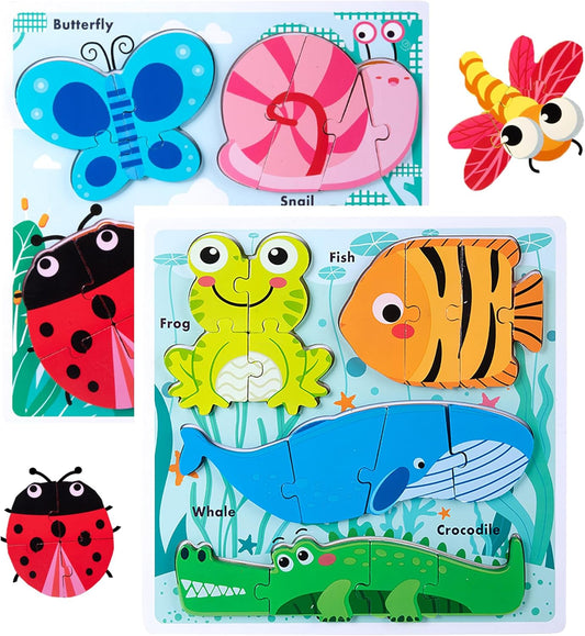 Wooden Creature Puzzles for Toddlers 2-4,Toddler Puzzle Ages 1-3, Montessori Educational Toys for 2 3 Years Old, Wood Learning Gifts for Preschool Kids Boys Girls