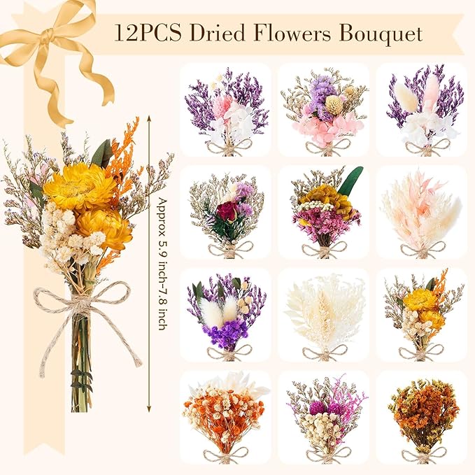 12/24 PCS Charming Dried Flowers Bouquet for Vase Various Dried Wildflowers with Stems Mini Handmade Wildflowers Natural Real Flowers Bulk Flowers Craft (Blossoms, 12 PCS)
