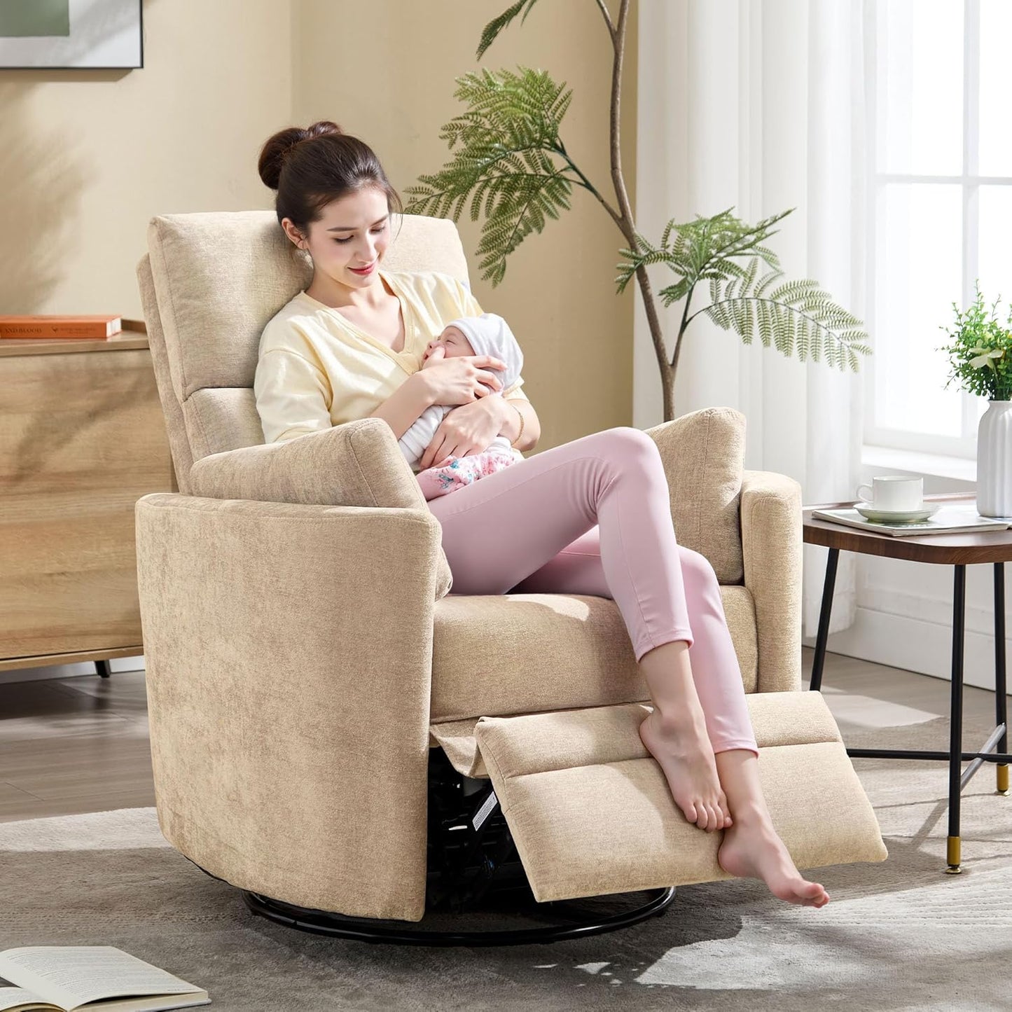 Swivel Rocker Recliner Chair,Manual Nursery Swivel Rocking Recliner,Upholstered Adult Rocking Glider Chair with 2 Pillows for Living Room Bedroom (Khaki, Manual Operation)