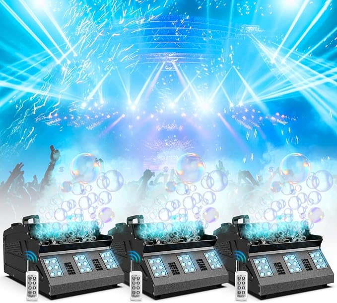 2000W Fog Machine, 3 in 1 Fog Bubble Machine with 2 Bubble Fans, 18 RGB LED Lights Smoke Bubble ALL IN ONE Fog Machine, Bubble Machine for Halloween Christmas Party Wedding, 3 Pack