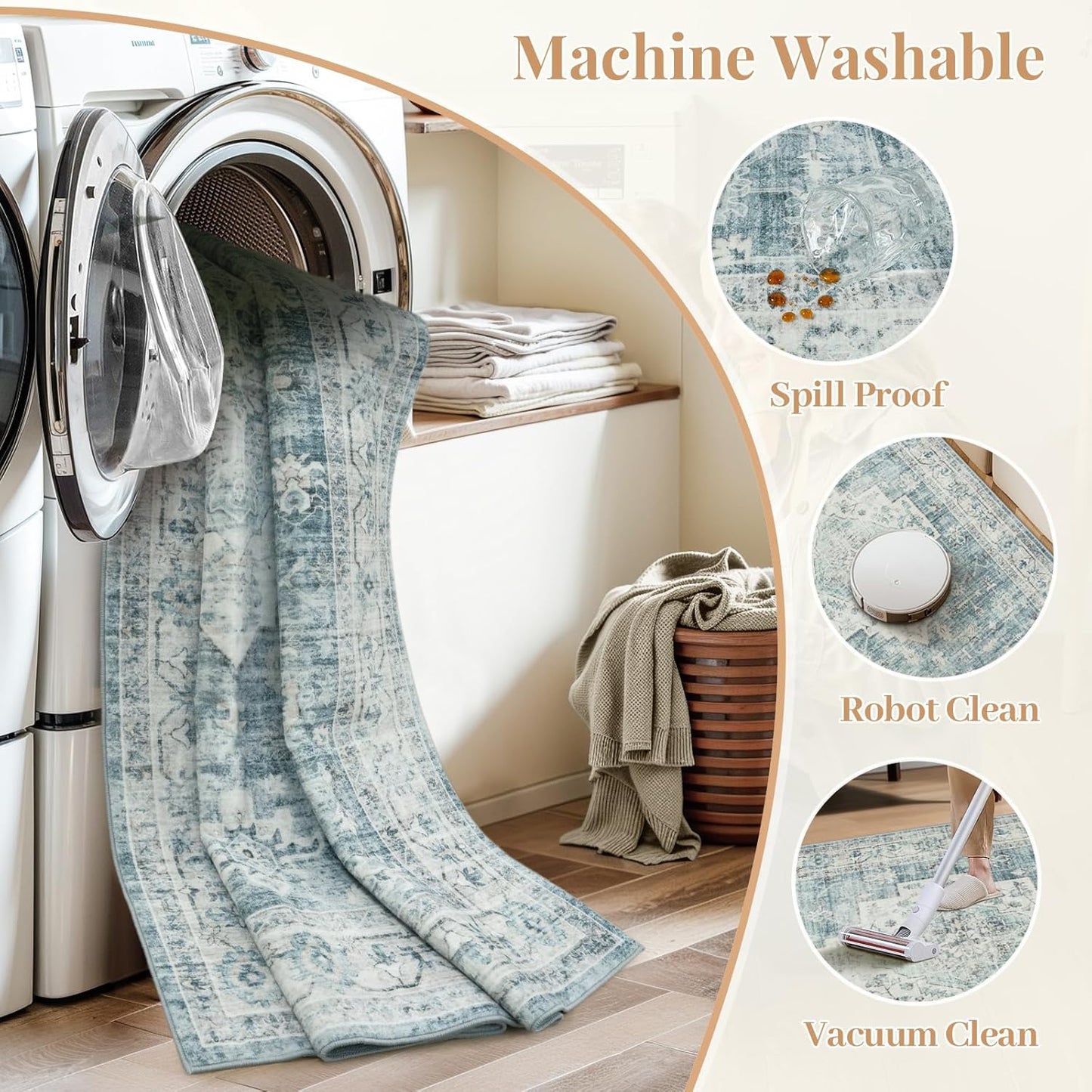 LIVEBOX Washable 2x6 Runner Rug for Bathroom, Non Slip Kitchen Mats for Floor Entryway, Boho Indoor Front Door Mat Low-Pile Runners for Hallways, Farmhouse Rugs for Bath Laundry, Blue