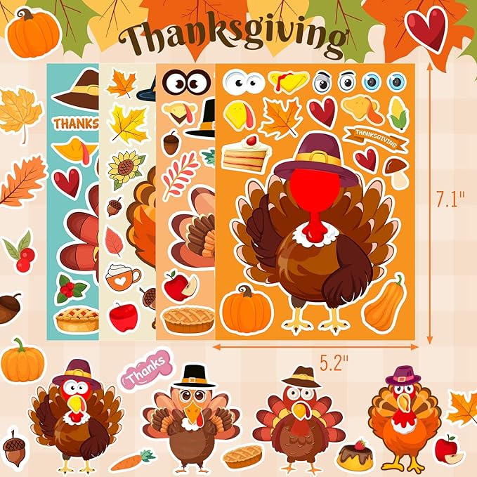 32 Sheets Thanksgiving Stickers, Thanksgiving Crafts for Kids, Make-A-Turkey Stickers for Kids Thanksgiving Party Favors Decorations Games Supplies