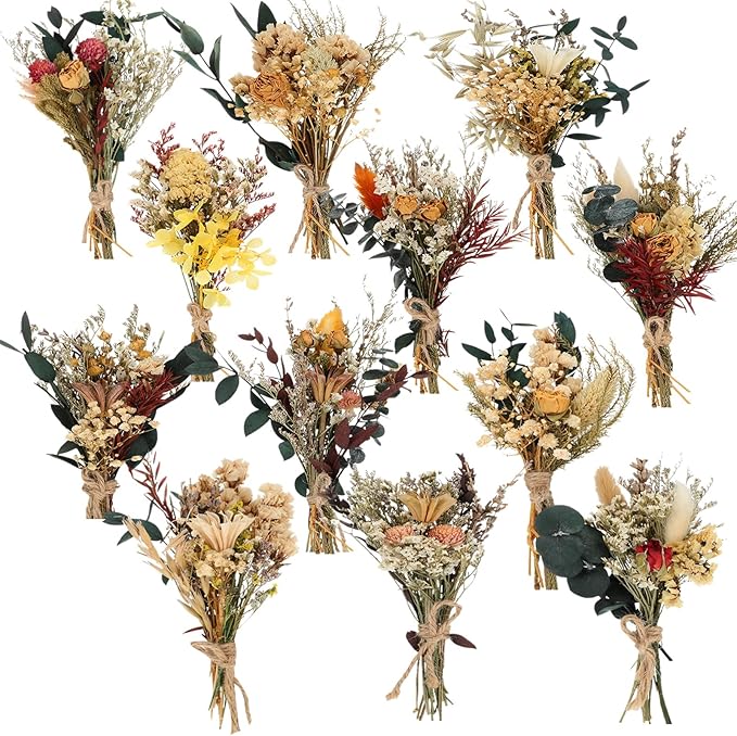 Layhit 12 Pack Boho Dried Flower Bouquet Mini Wedding Handmade Dry Flowers Decor for Vase Crafts DIY Photo Boutonniere for Men Floral Plant for Bridesmaid Gift Birthday Decor