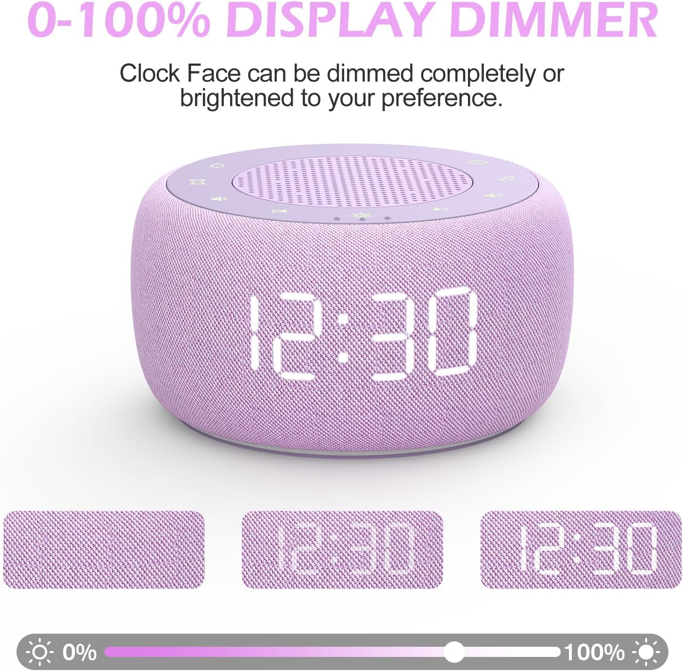 Buffbee Sound Machine & Alarm Clock 2-in-1, 0-100% Clock Face Brightness, Bottom Colored Light, Sleep Timer, Precise 30-Level Volume White Noise Machine, Digital Alarm Clocks for Bedrooms - Purple
