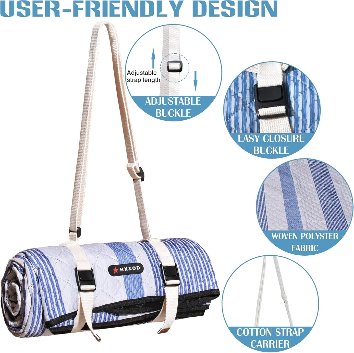 Waterproof Picnic Mat, Outdoor Camping Oversized Field Blanket. Portable Thickened Camping Blanket, Suitable for Beach, Camping, Music Festival, Party, Outdoor Adventure. (Blue & White, 80”x80”)