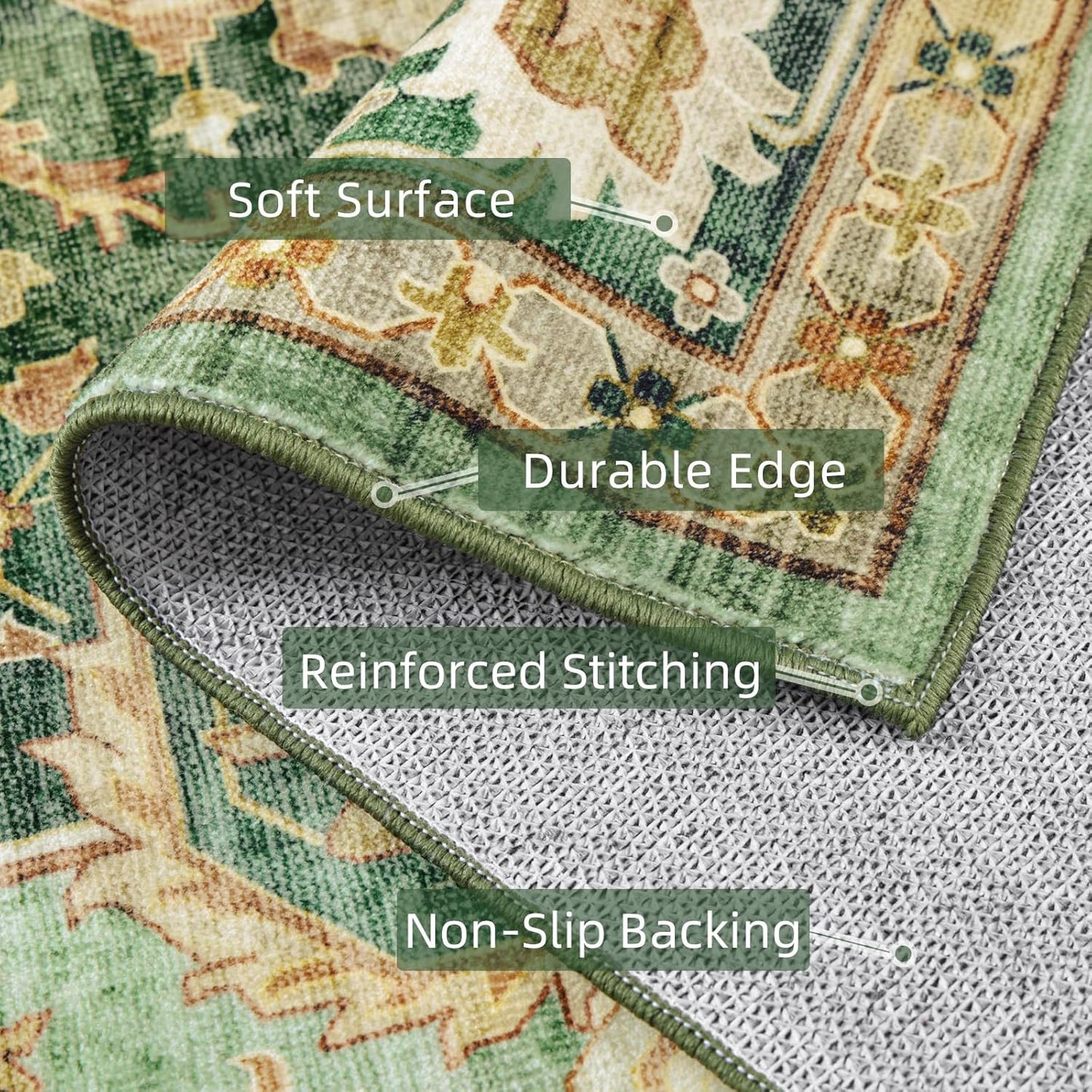 Green Rug 5x8 Area Rugs for Bedroom Washable Rugs Boho Vintage 5x8 Rug for Living Room Carpet Non-Slip Family & Pet Friendly Print Floor Rug(Border Green)