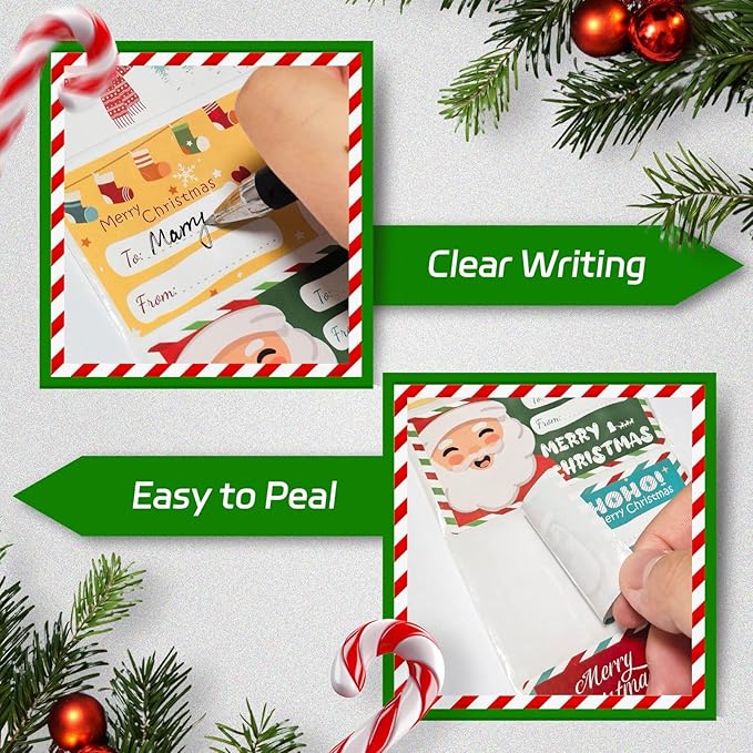 500 PCS Christmas Gift Tags, Self Adhesive Santa Claus Stickers, Festive Holiday Name Labels for Wrapping Paper Presents Decor, 6 Designs
