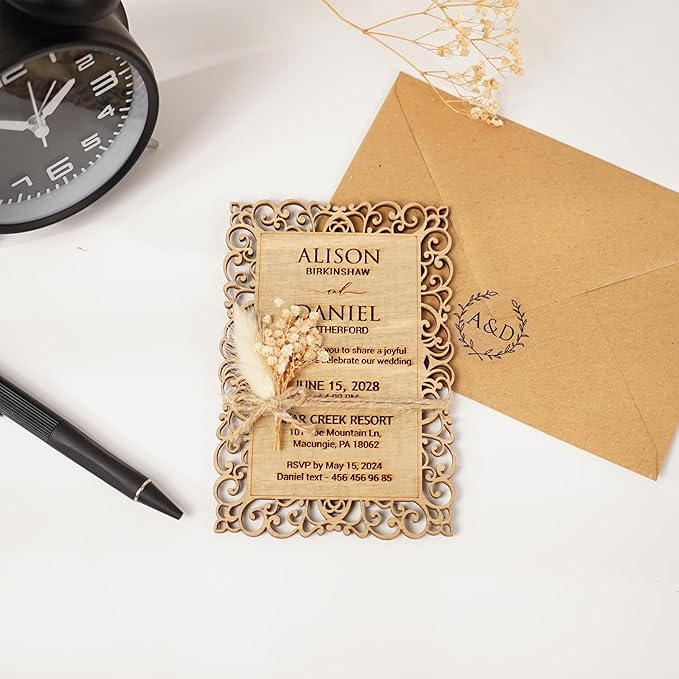 Personalized Wedding Invitations, Laser Cut Wedding Invitation, Flower Wooden Invitations with Envelopes & Stickers, Easy Personalization, 5 Different Color Options