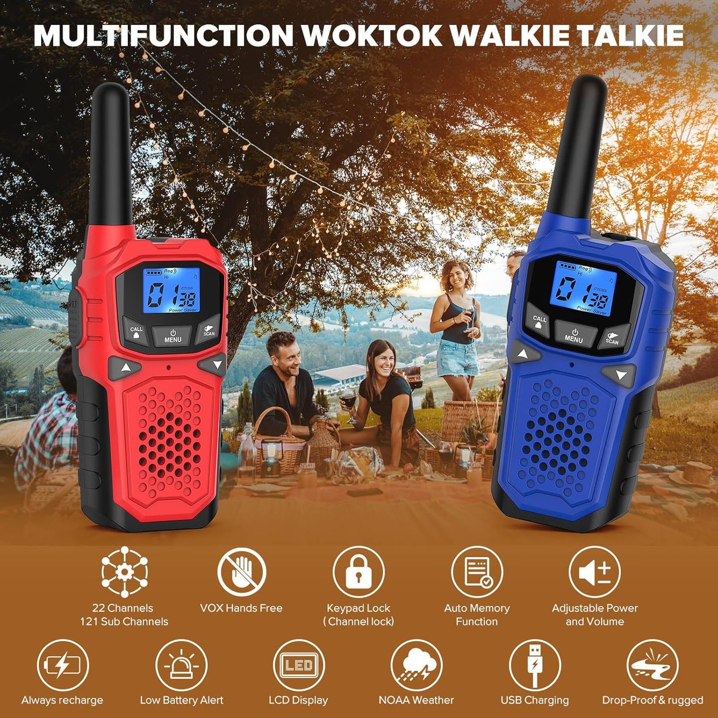 Walkie Talkies for Adults- WokTok Long Range 2 Way Radio, 3000MAH Rechargeable AA Batteries for Held Hiking Accessories Camping Gear Xmas Birthday, 2-in-1 Charging Cable,NOAA Weather Alert,4 Radios