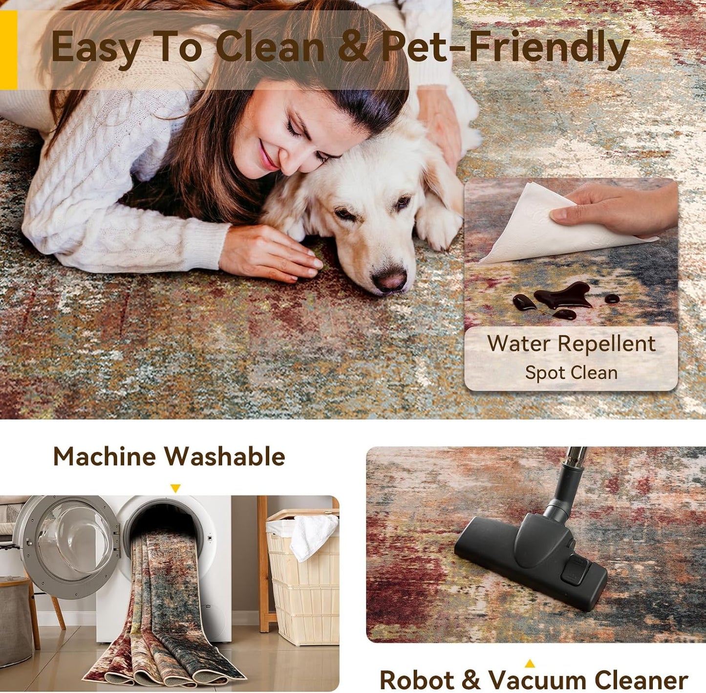 Washable Area Rugs 3'x5' Non-Slip Modern Abstract Soft for Living Room Entryway Bedroom Nursery, Print Pattern, Brown Rust Red Multi