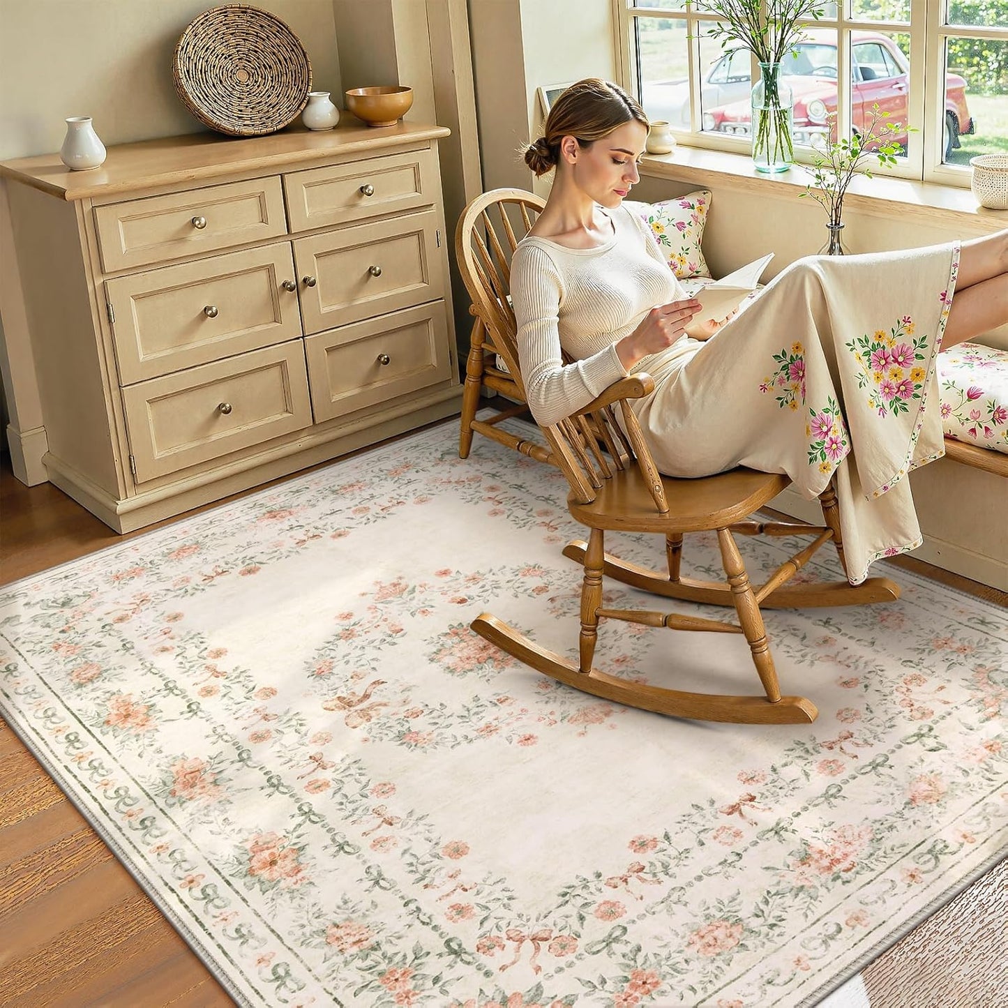 Wonnitar Floral Bow Print Washable 8x10 Rug, Beige Rugs for Living Room, Boho Non Slip Ultra-Thin Soft Neutral Carpet for Nursey Kids Room Dorm Living Room, Beige