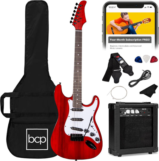 Best Choice Products 39in Full Size Beginner Electric Guitar Starter Kit w/Case, Strap, 10W Amp, Strings, Pick, Tremolo Bar - Cherry Red