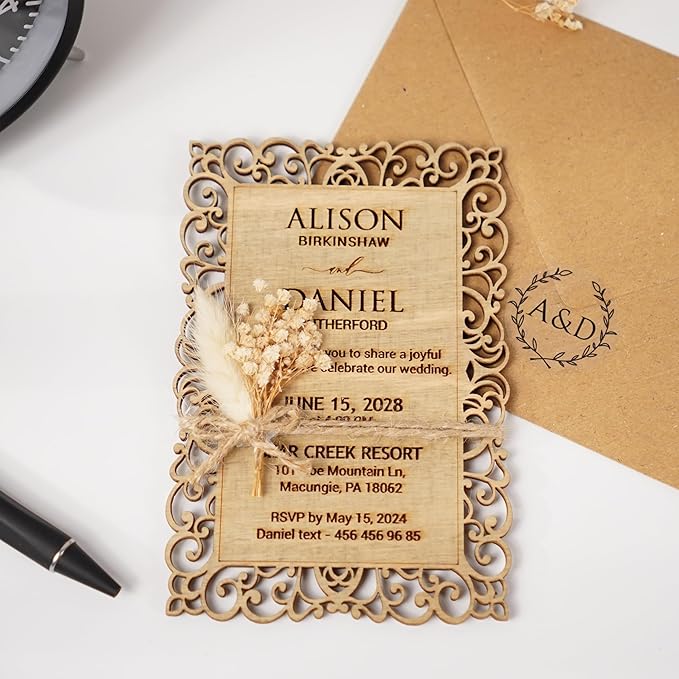 Personalized Wedding Invitations, Laser Cut Wedding Invitation, Flower Wooden Invitations with Envelopes & Stickers, Easy Personalization, 5 Different Color Options