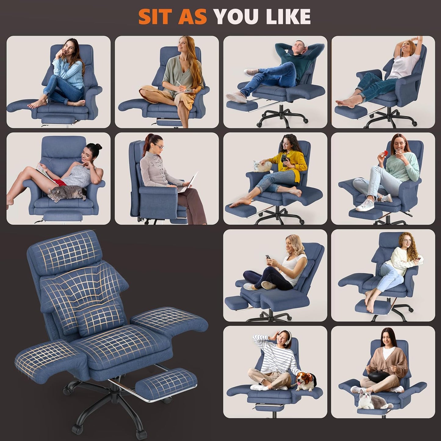 ELABEST C39 Cross Legged Office Chair with Footrest & Convertible Armrests - Pet-Friendly XL Home Desk Chair, Ergonomic Recliner with Lumbar Pillow, Criss Cross Design, Big and Tall Executive Chair