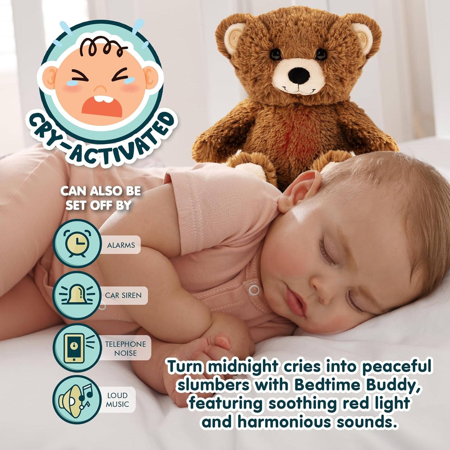 Gemma Joy Bedtime Baby Soothers for Sleep, Cry Activated Heartbeat Stuffed Animal for Baby, Newborn, Calming Light, Lullaby Music, White Noise, Shush, Mother’s Heartbeat - (Brown Bear, Rechargeable)