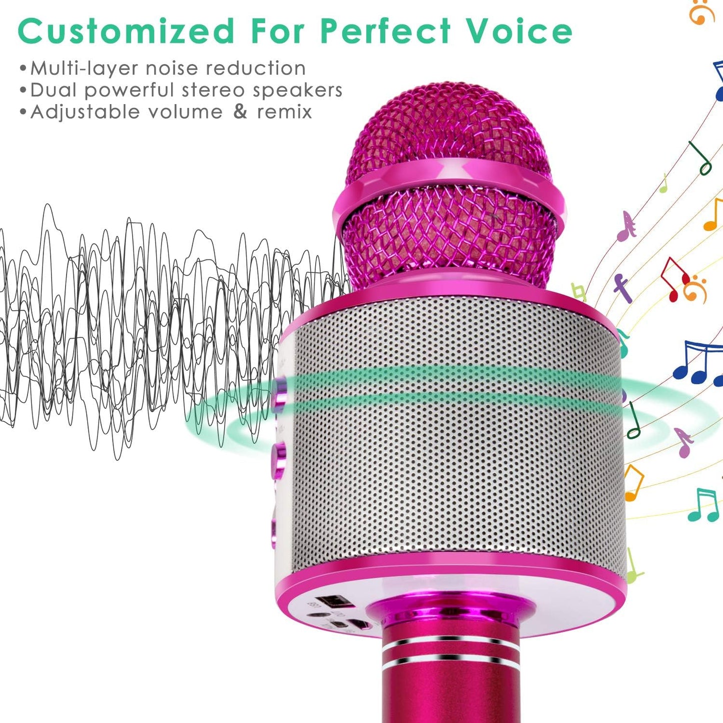 KIDWILL Wireless Bluetooth Karaoke Microphone for Kids, 5-in-1 Portable Handheld Karaoke Mic Speaker Player Recorder with Adjustable Remix FM Radio for Kids Girls Boys Teens Birthday-Hot Pink