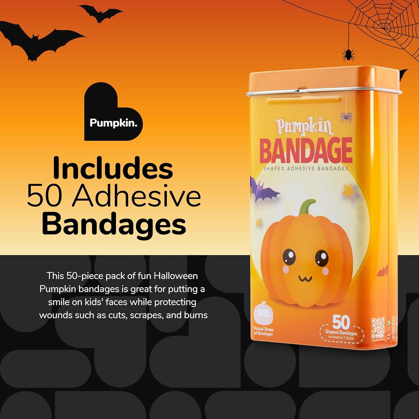 BioSwiss Bandages, Halloween Pumpkin Shaped Self Adhesive Bandage, Latex Free Sterile Wound Care, Fun First Aid Kit Supplies for Kids, 50 Count