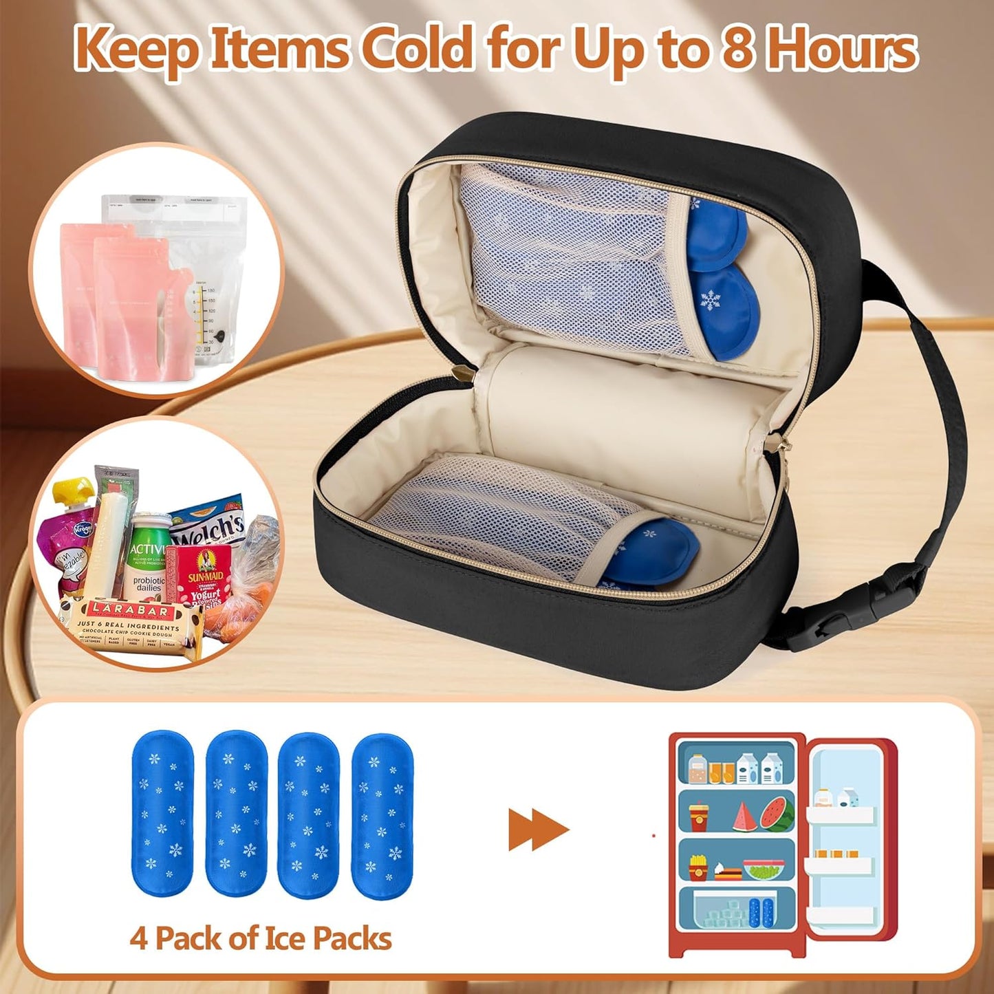 Damero Breastmilk Cooler Bag with 4 Ice Packs -Breastmilk Cooler Travel Bag Organizer with Detachable Buckle Handle for Daycare and Breastfeeding Mom,Black