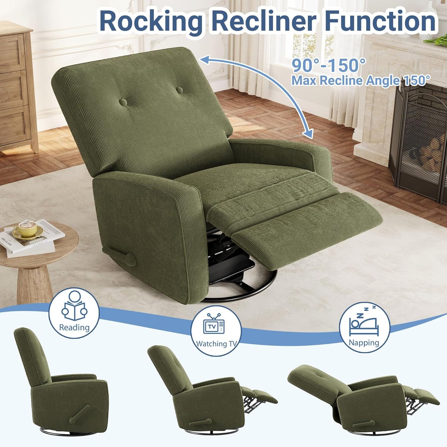 Recliner Chairs, Swivel Rocker Recline, Glider Recliner Nursery Chair for Adults, 360° Swivel Glider Rocking Chair for Living Room, Bedroom, Office, RV, Small Spaces, Corduroy, Green