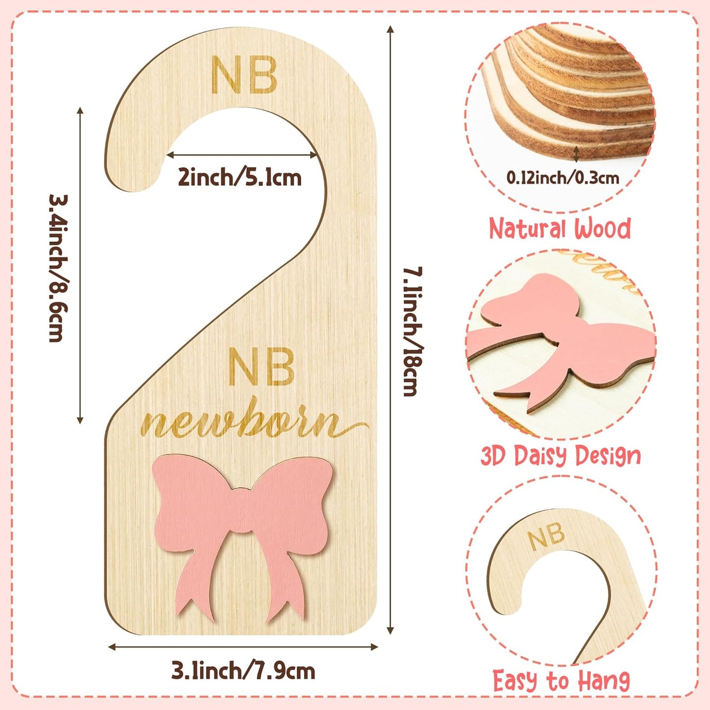 R HORSE Wooden Baby Closet Dividers - 8Pcs 3D Coquette Pink Bow Baby Closet Organizer Double-Sided Newborn Clothes Size Hanger Dividers Nursery Birthday Gift for Boy Girl (0-24 Months)