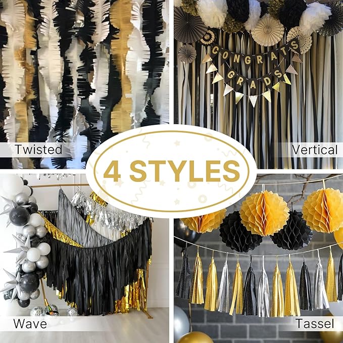 PartyWoo Metallic Gold and Silver Crepe Paper Streamers 4pcs 328ft Pack of Metallic Gold Silver Crepe Paper Streamers for Birthday Bridal Shower Engagement New Year Eve Graduation Party Decorations