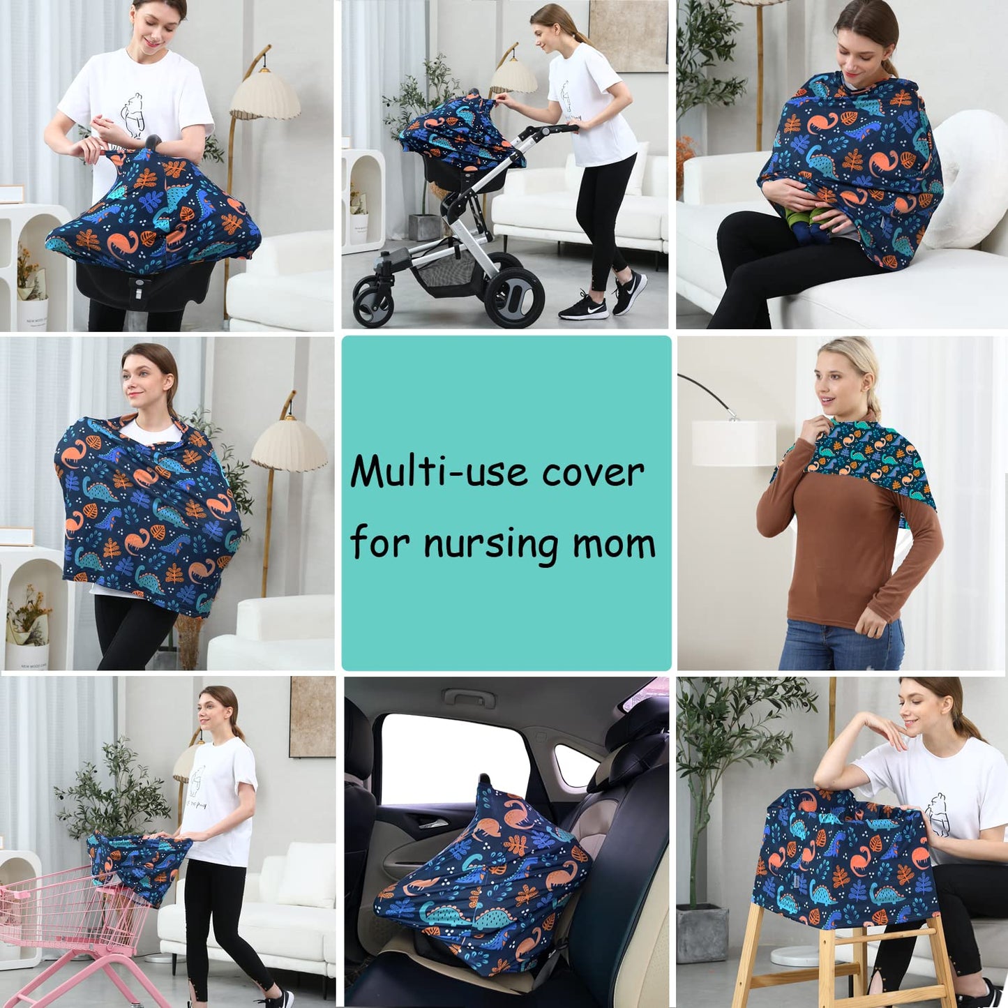 Car Seat Covers for Babies - Multi-use Carseat Canopy Cover Breastfeeding Covers, Stroller Canopy Cover (Navy Dinosaur)