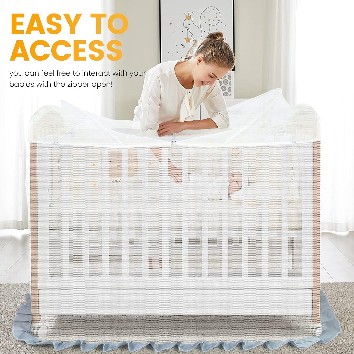 Orzbow Crib Tent Safety Net, Encrypted Crib Mosquito Net to Keep Baby in, Crib Cover with Two-Way Zippers, Durable, Strong, Keep Baby Infant from Climbing Out, Falls and Mosquito Bites, White