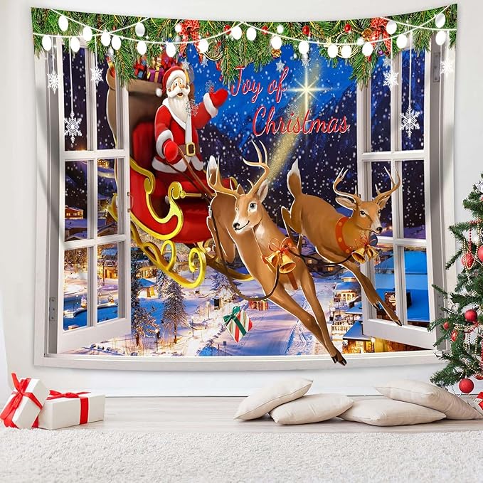 QGHOT Christmas Window Tapestry Wall Hanging Christmas Backdrop Xmas Winter Window Wall Decor Santa Claus Tapestries for Bedroom Living Room Dorm Holiday Party Decoration, Large