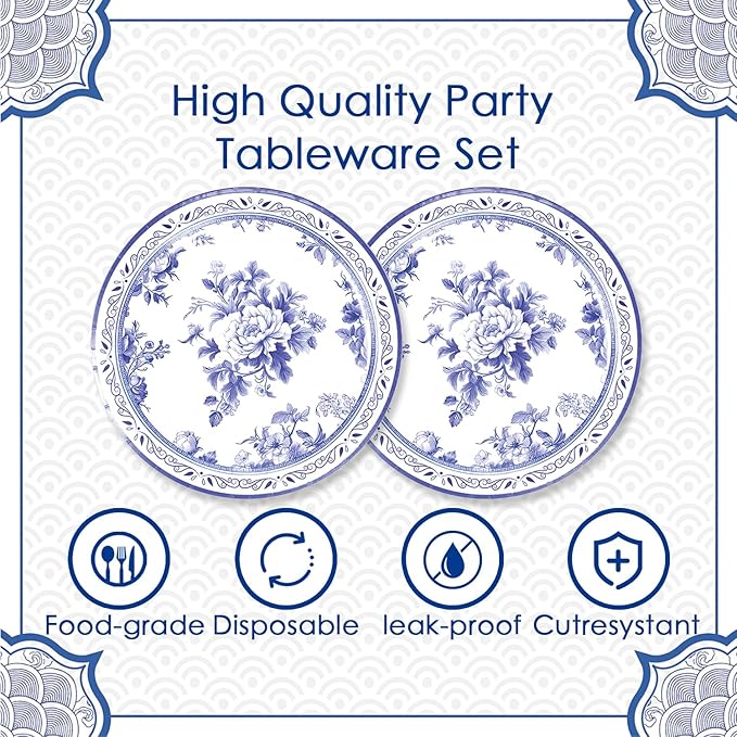 40pcs Blue and White Flower Party Decorations Disposable Blue Floral Plates and Napkins Flower Tableware Set for Bridal Shower Decoration Wedding Tea Party,Suitable for 20 Guests.