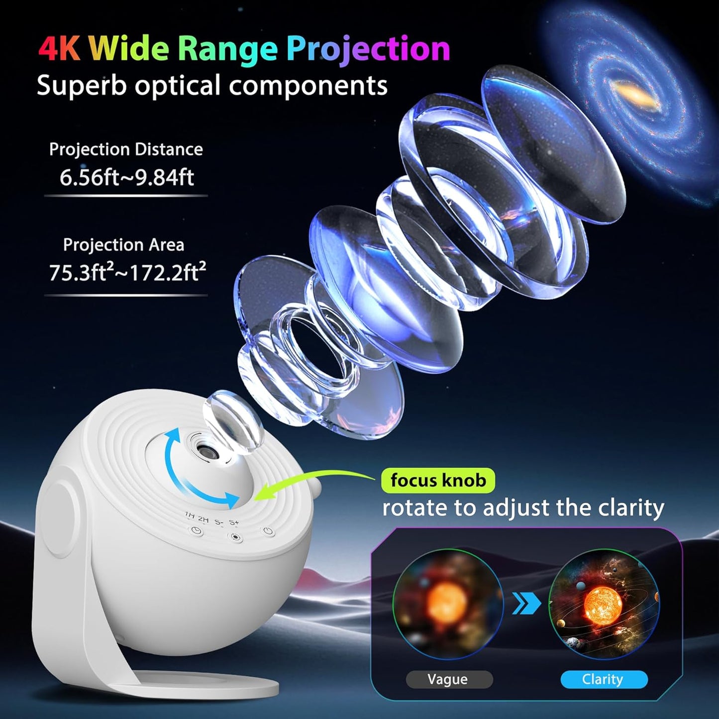 Galaxy Projector for Bedroom, HD Image Star Projector Galaxy Light Adjustable Knob, 13 Film Discs Planetarium Projector for Kids, 360° Rotating 1/2h Timer Simple 3-Button Control