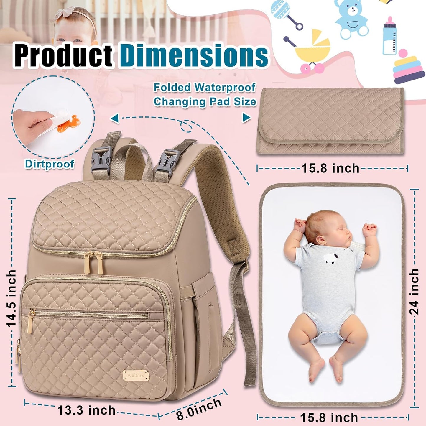 Weitars Diaper Bag Backpack Large Baby Diaper Bag with Changing Pad Travel Diaper Backpack,Baby Bag for Boys Girls,Stroller Straps,5 Insulated Pockets (Khaki)