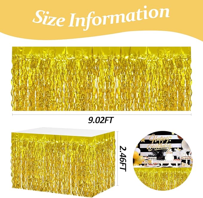 4P Wavy Metallic Tinsel Foil Fringe Table Skirts for Rectangle Tables Backdrop Garland Curtains for Parade Floats Wedding Birthday Parties Decoration Graduation 2025 Christmas (Gold)