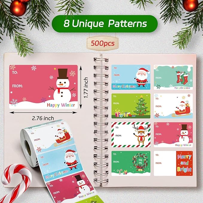 500 PCS Christmas Gift Tags, Self Adhesive Santa Claus Stickers, Festive Holiday Name Labels for Wrapping Paper Presents Decor, 8 Designs
