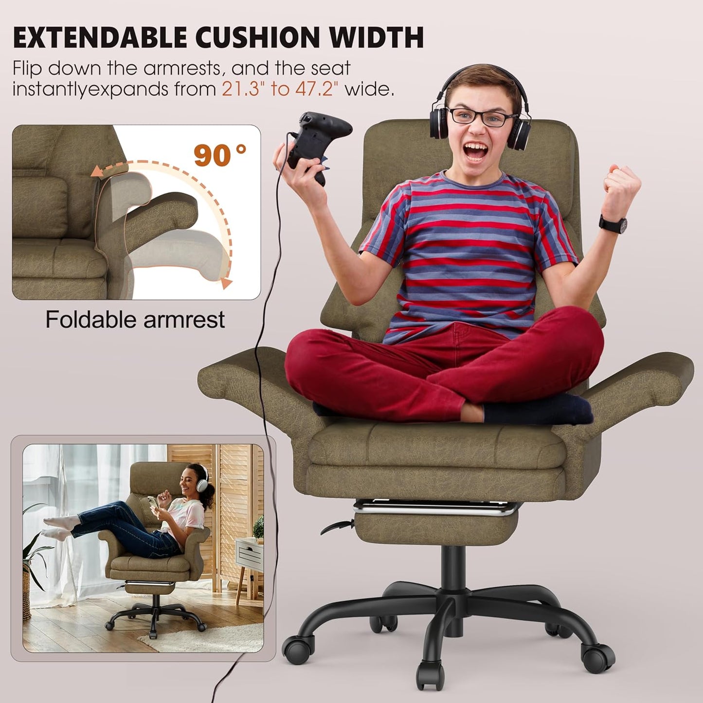 ELABEST C39 Cross Legged Office Chair with Footrest & Convertible Armrests - Pet-Friendly XL Home Desk Chair, Ergonomic Recliner with Lumbar Pillow, Criss Cross Design, Big and Tall Executive Chair