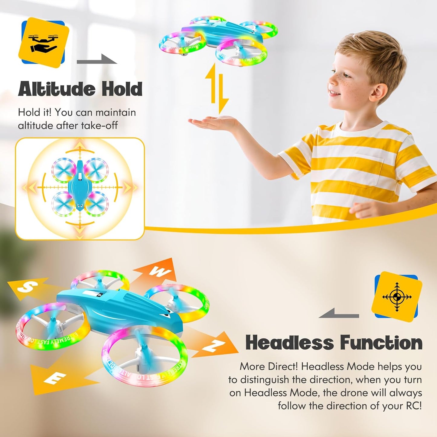 Drones for Kids With Cool Light, Kids Drone with 3D Flip, Altitude-Hold, Self-Rotation, Headless Mode, 3 Speed Modes, One-Click Take-off/Landing, Mini Drone for Beginners, Indoor（Light Blue）
