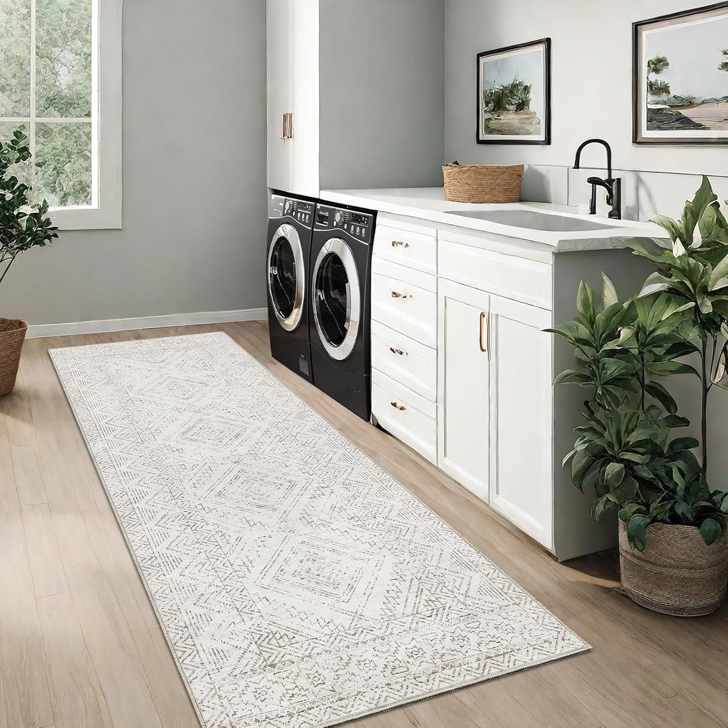 COZYLOOM Runner Rug 2x8 Living Room Washable Rugs Stain Resistant for Bedroom Soft Floor Carpet Non Slip Distressed Geometric Carpet for Dining Room Laundry Room Office, Ivory