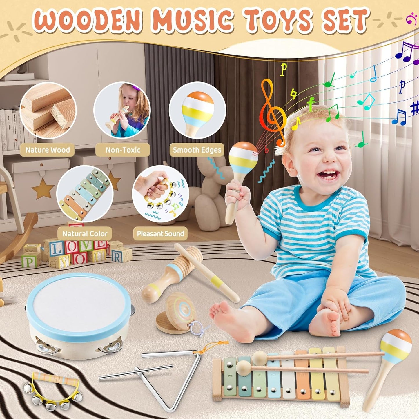 Baby Musical Instruments Set Montessori Wooden Music Toys for Toddlers 1 2 3 Neutral Color Percussion Music Kit with Drum, Xylophone,Storage Bag, Birthday Preschool Learning Gift for Boys Girls