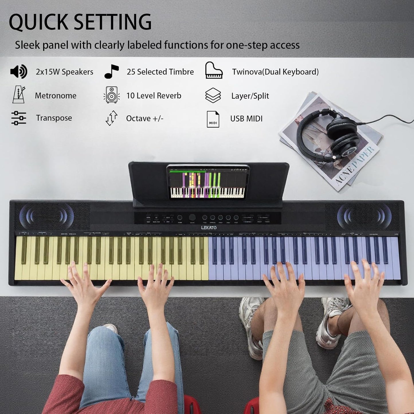 LEKATO 88 Keys Digital Piano, Semi Weighted Electric Keyboard Piano with 15W×2 Stereo Speakers, USB MIDI, AUX, 2 Headphone Jack, Reverb Split Layer Duet Mode, for Beginner Professional at Home Stage