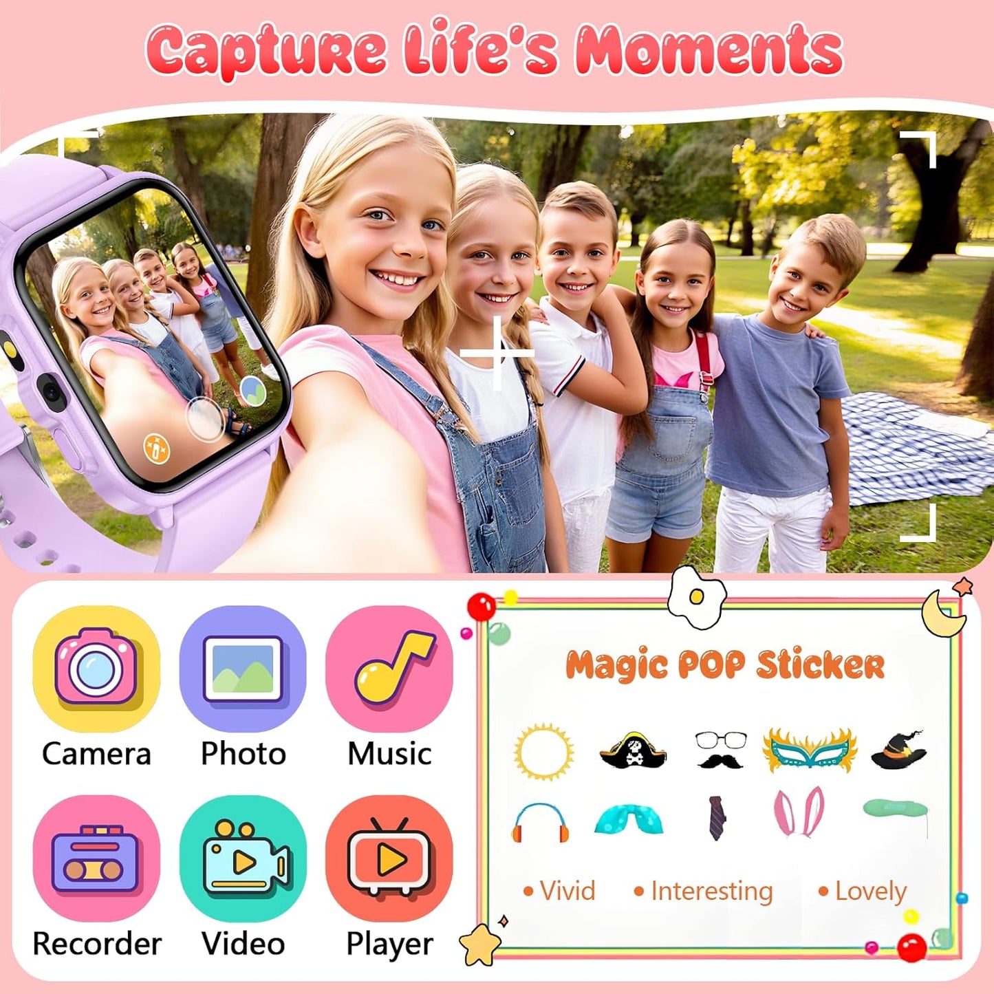 Smart Watch for Kids, 1.85" Fitness Tracker Pedometer Watch, Health, Sleep Monitor, Puzzle Games, Alarm Clock, Camera, Music Player, Torchlight, Activity, Gift Toys for 4 - 13 Years Old Boys and Girls