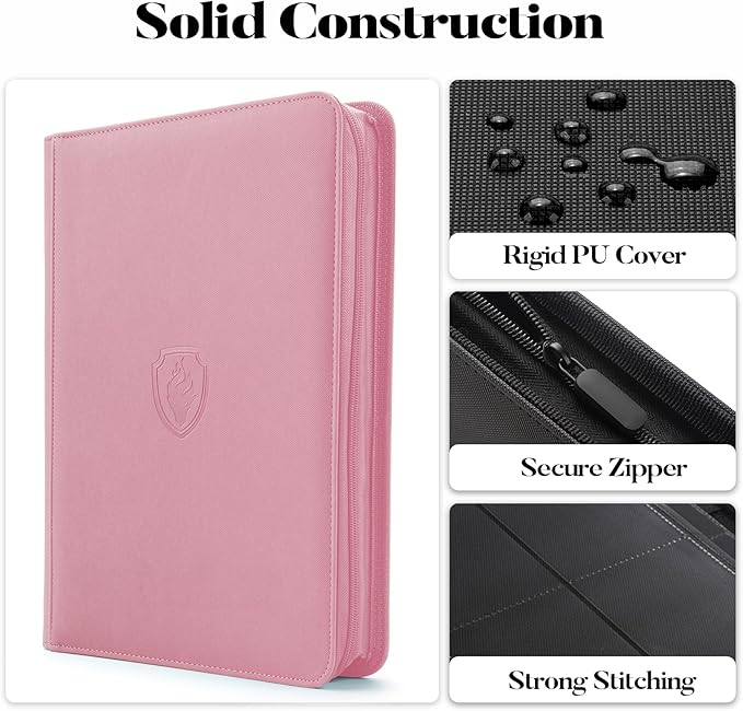 Premium Zip Card Binder, Fabmaker 9 Pocket Trading Card Binder, 360 Zipper Card Collection Album Folder, Side-Loading Card Holder for MTG, TCG, Sports Cards, Pink