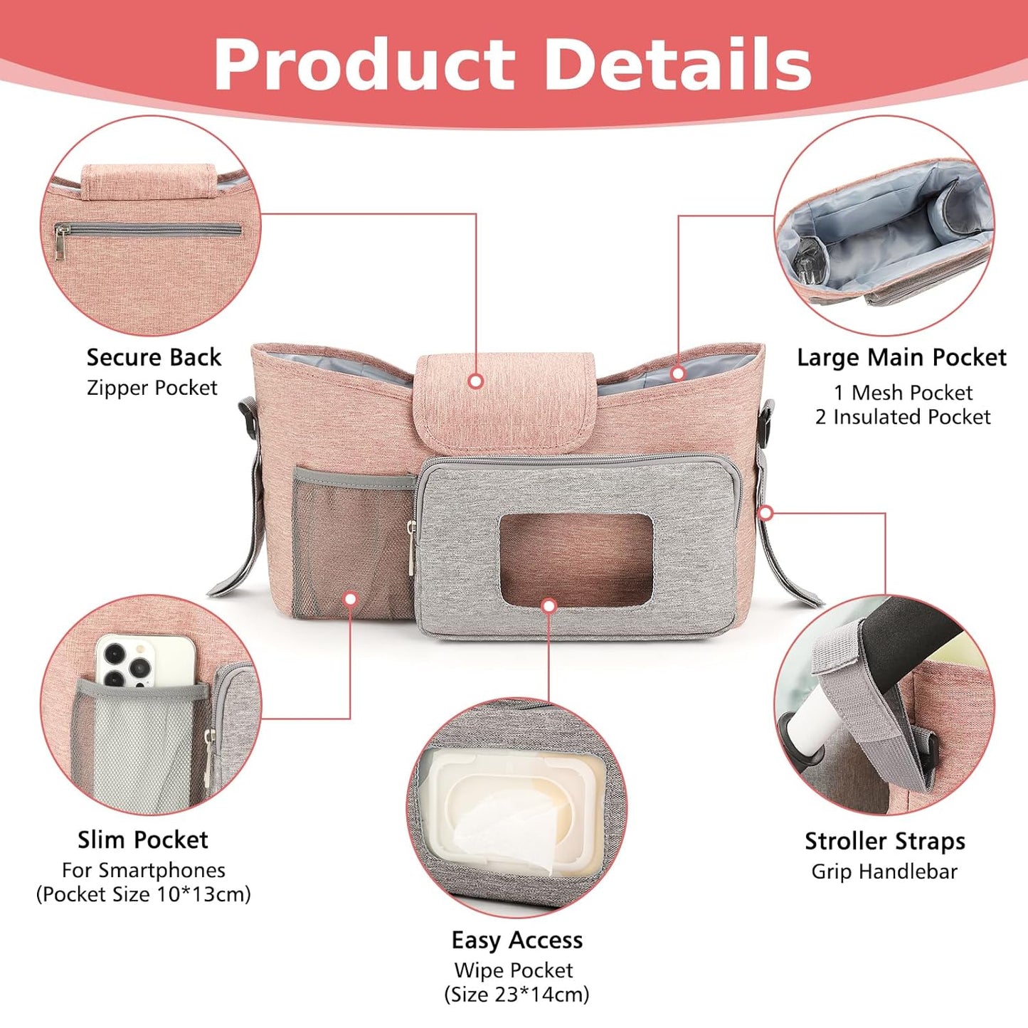 Accmor Universal Stroller Organizer with Insulated Cup Holder, Stroller Caddy Bag Accessories, Stroller Cup Holder Organizer for Uppababy Baby Jogger Britax Stroller, Pink