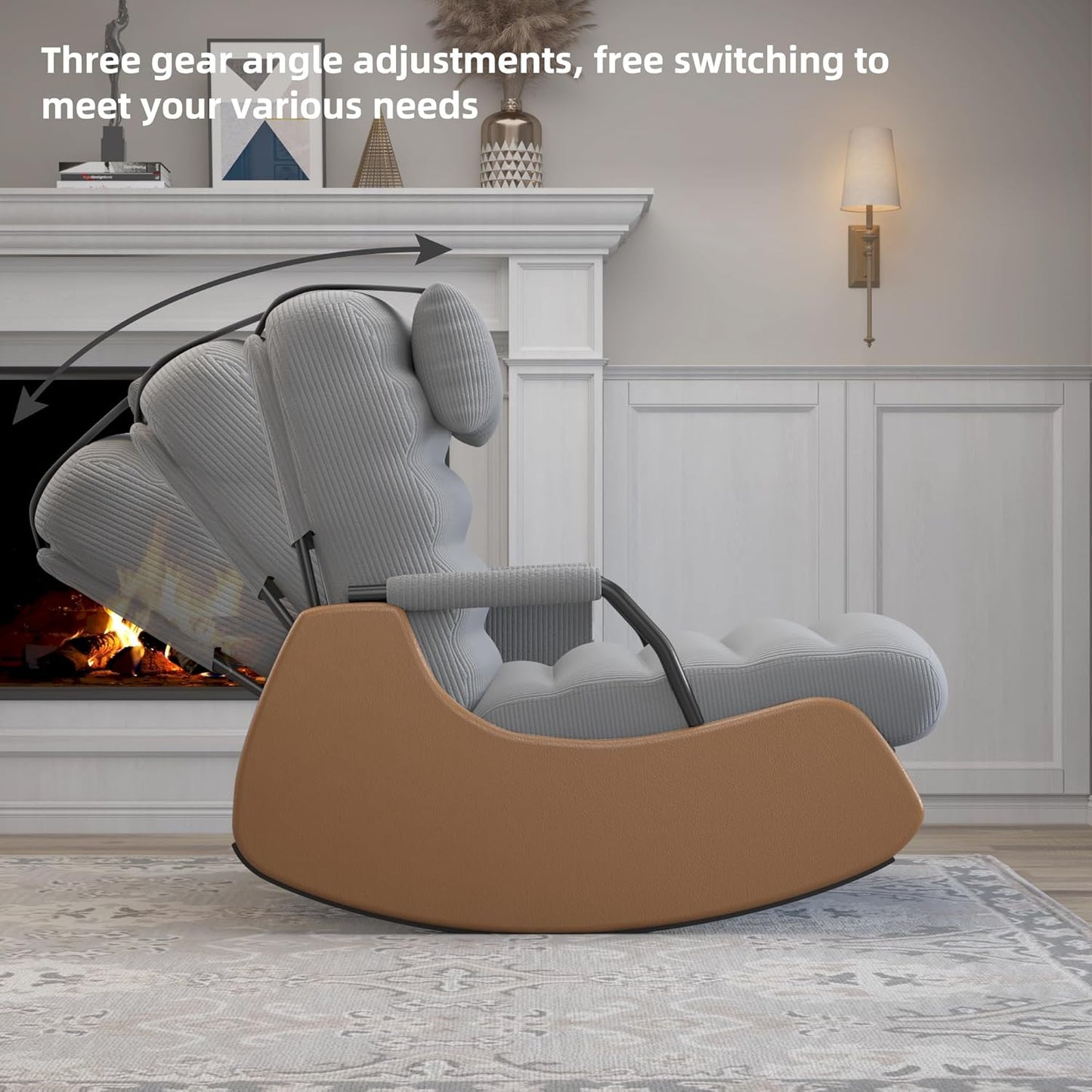 Polar Aurora Nursery Rocking Chairs with Soft Seat and Headrest,Corduroy Fabric Accent Chair with Side Pocket,Glider Rocking Chair for Bedroom/Living Room/Nursery. (Dark Grey/Brown)