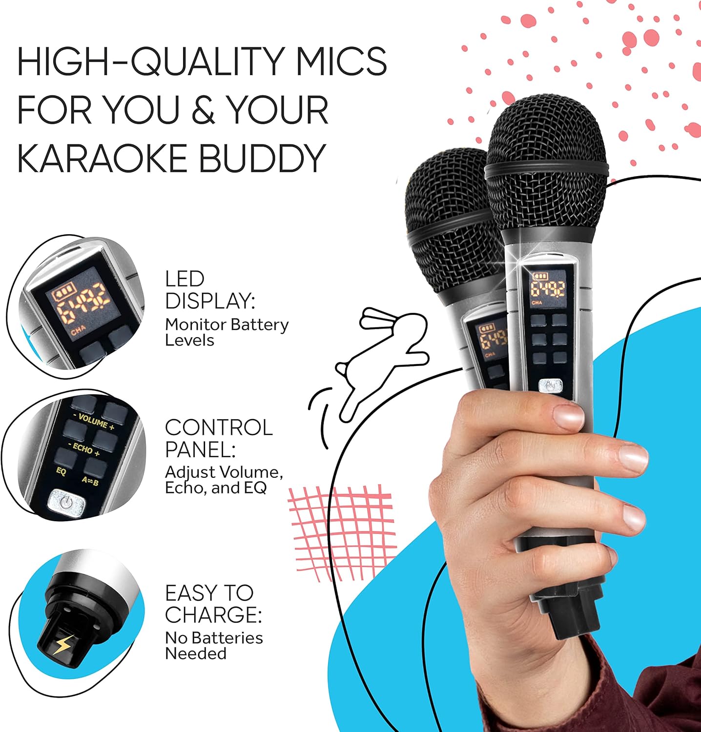 Rabbit Karaoke Machine for Kids, Children and Toddlers with 2 Wireless Bluetooth Microphones, Portable PA Speaker System Includes Lyrics Display Phone Holder, TV Cable and Singer Vocal Removal Mode