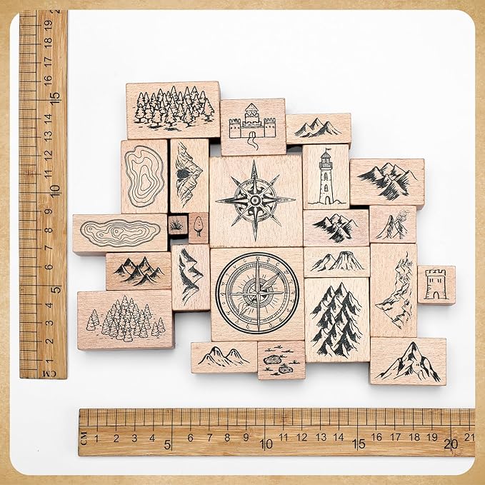 Marspark 24 Pcs Compass Mountains Stamp Combo Map Making Rubber Stamp Kit Compass Outdoor Scenery Stamps for RPG Adventures, Storytelling, and Creative Projects
