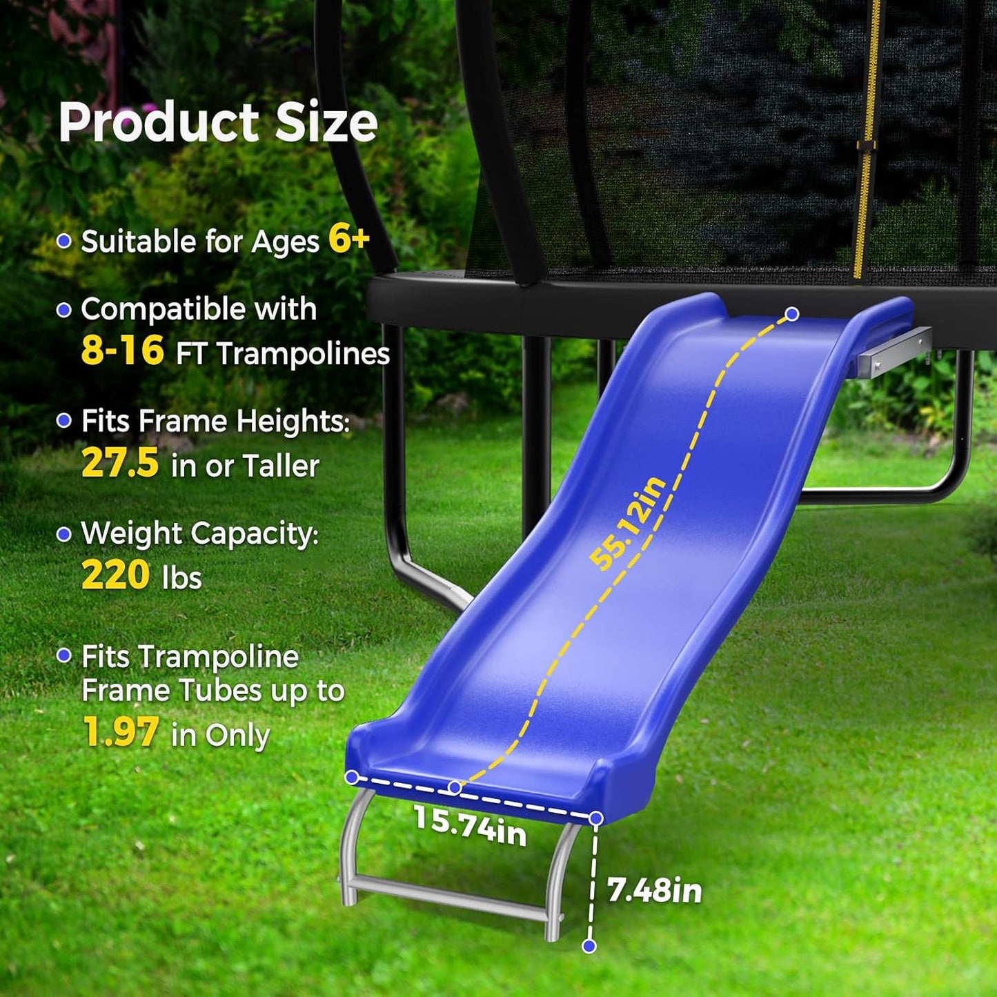 Heavy Duty Plastic Trampoline Slide with Support Frame for 8-16FT, Outdoor Plastic Slide for Trampoline, Adjustable Safer Trampoline Ladder for Kids 6+, 220 LBs Capacity, Blue