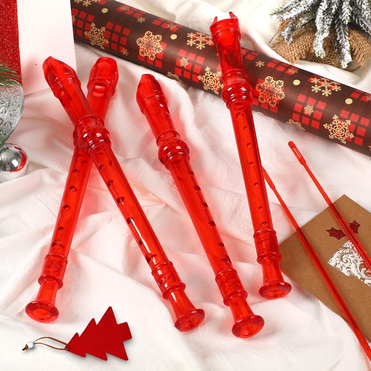 SANNIX 4 Pack 8 Hole Plastic Soprano Descant Recorder With Cleaning Rod, Instruction and Storage Bag, German Style (Clear Red)