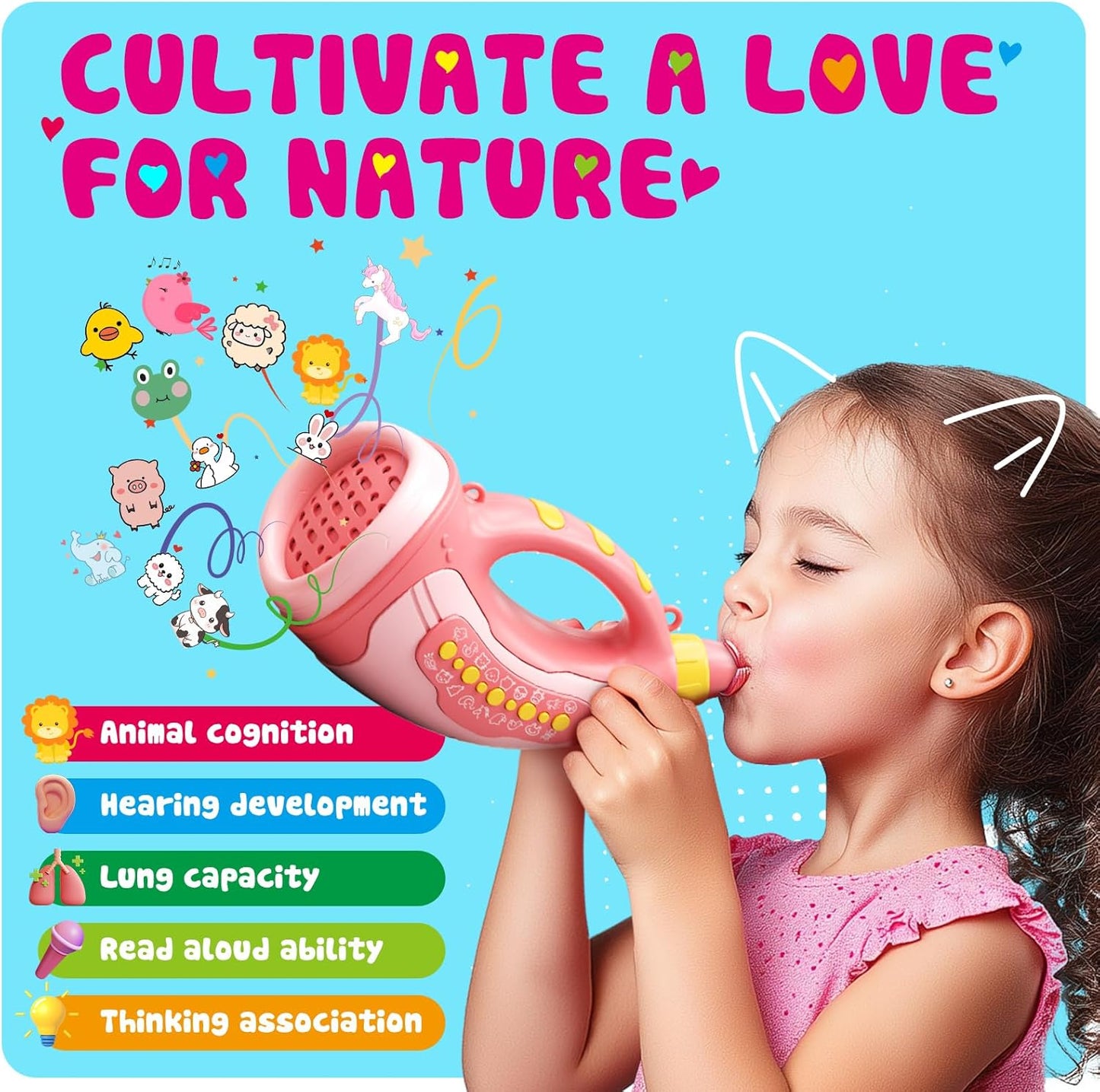 Voice Changer Toy for Kids 5-7: Animal Sounds Horn 30 Fun Sound Effects & Lights Voice Changer Device Kids Hunting Toys Nature Exploration Outdoor Toys for Boys Girls Ages 3-8 Olds, Pink